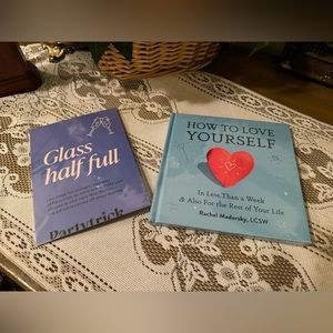 HOW TO LOVE YOURSELF book and Glass half full stickers